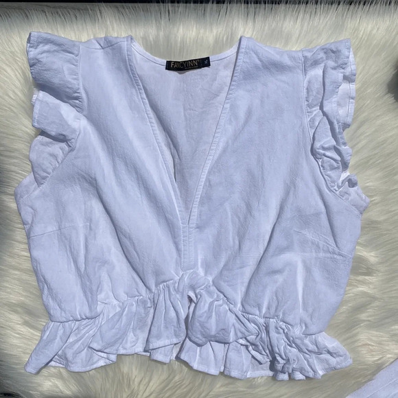 White two piece cropped top & side slit pant set - Picture 4 of 8